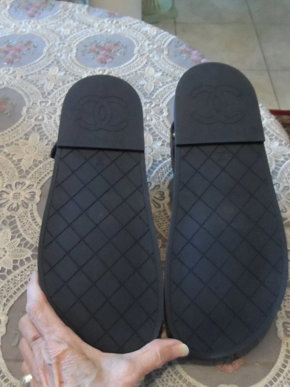 New Chanel Gray Signature Jacquard Grandpa Sandals Size 38.5B